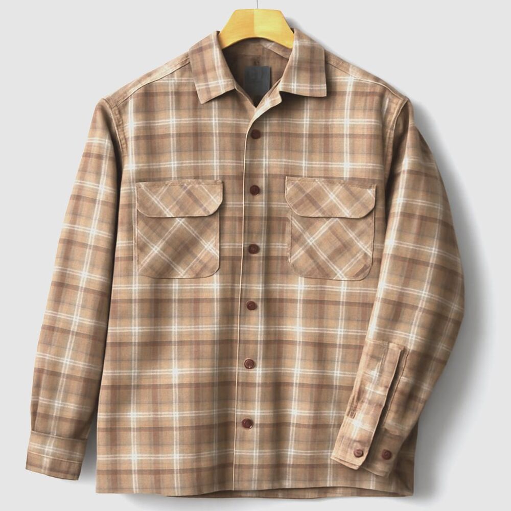 Vintage Pendleton Wool Board Shirt Men M-Brown Plaid Blue & Cream Accents
